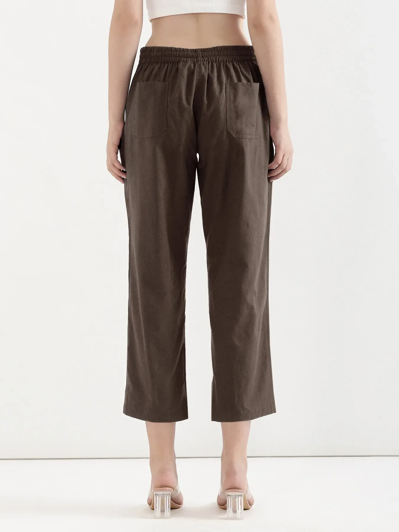 Women Dark Brown Airy Linen Straight Pants - Image 7