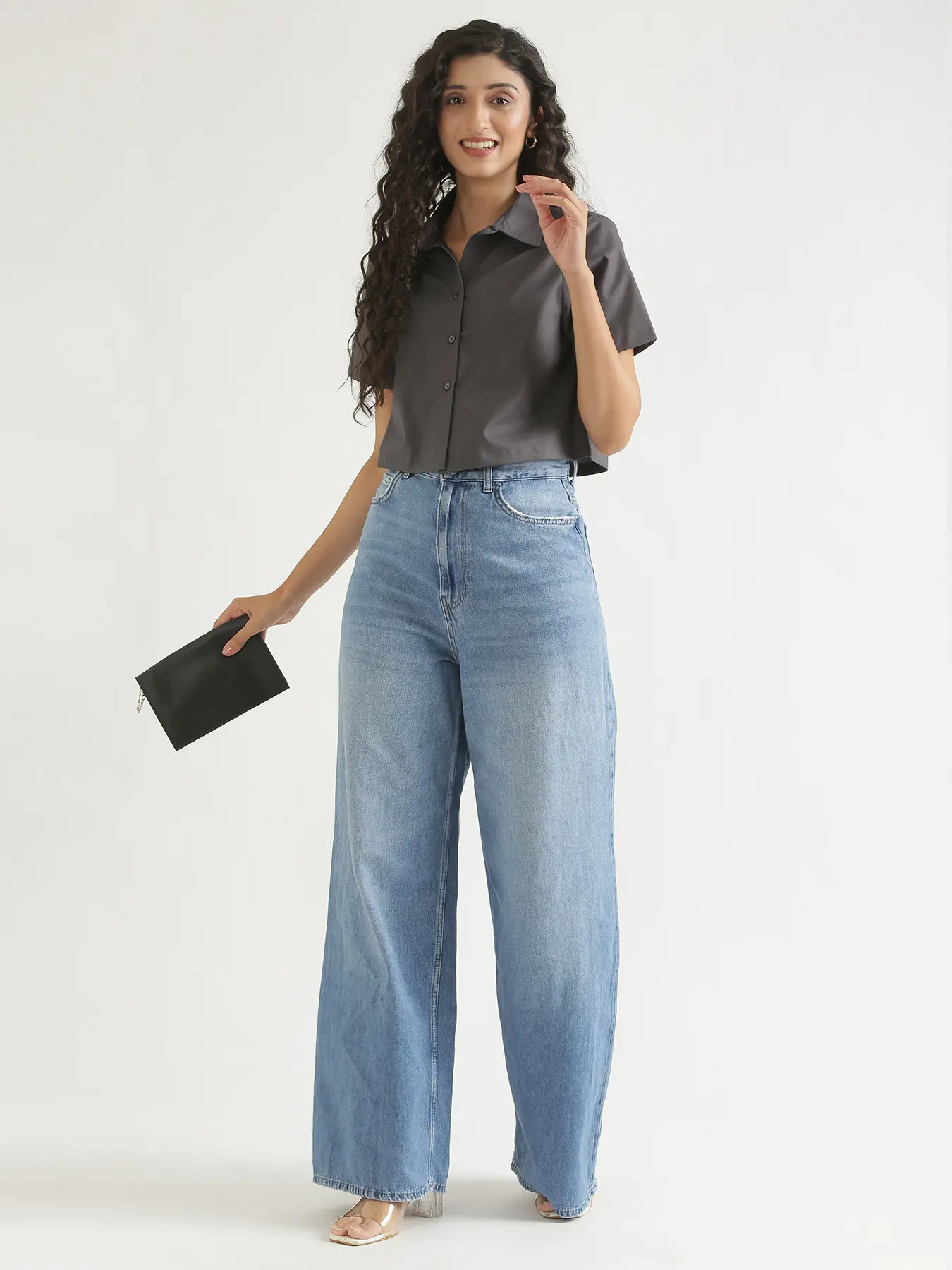 Women Dark Grey Better Cotton Crop Shirt - Image 3