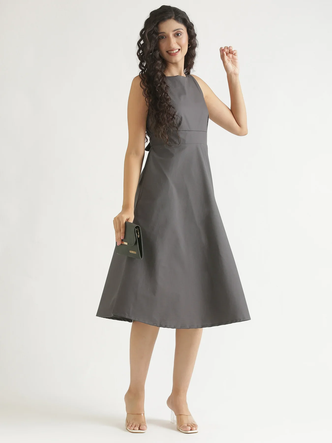 Women Dark Grey Better Cotton  Flared Dress - Image 11