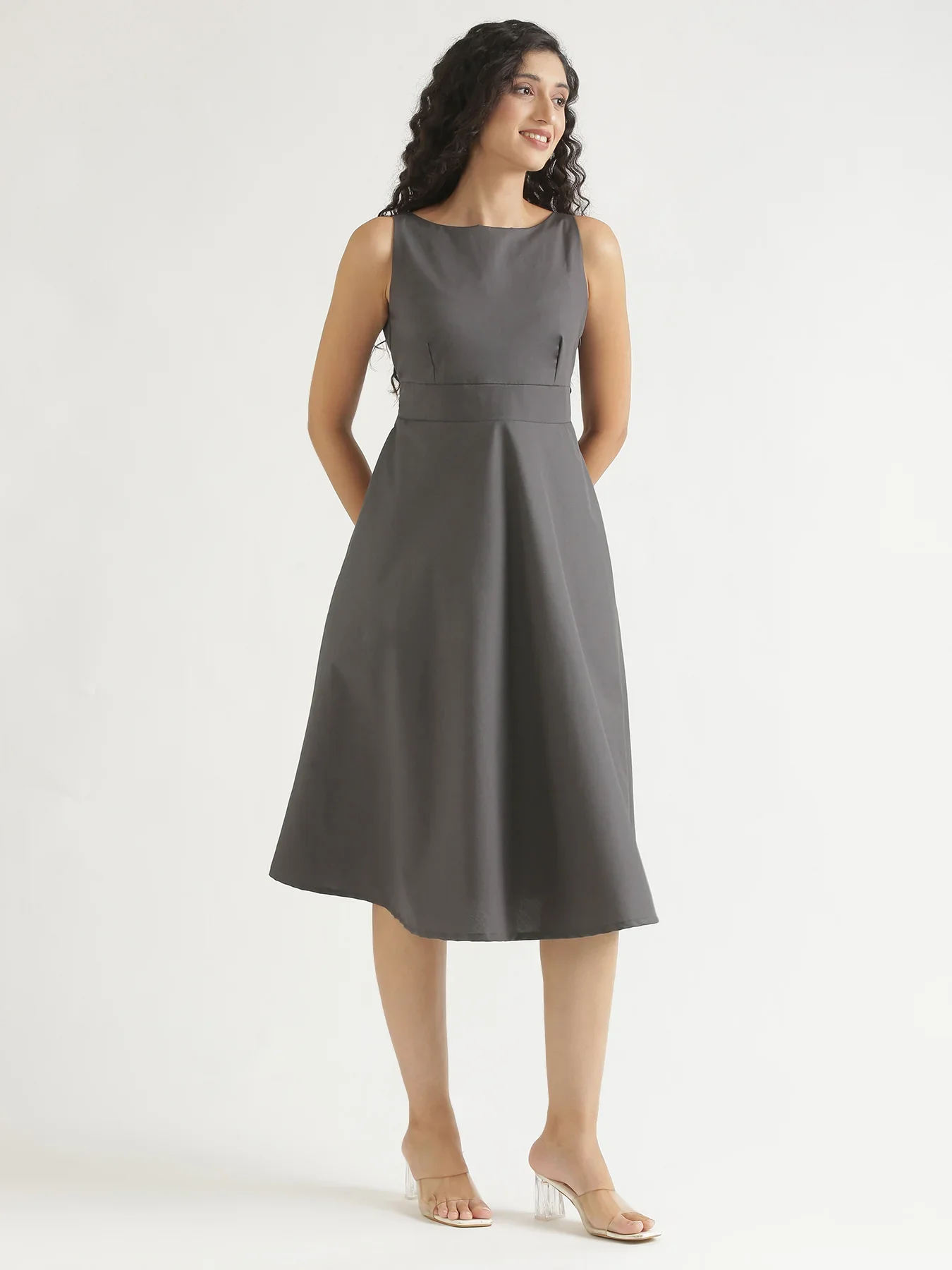 Women Dark Grey Better Cotton  Flared Dress - Image 12