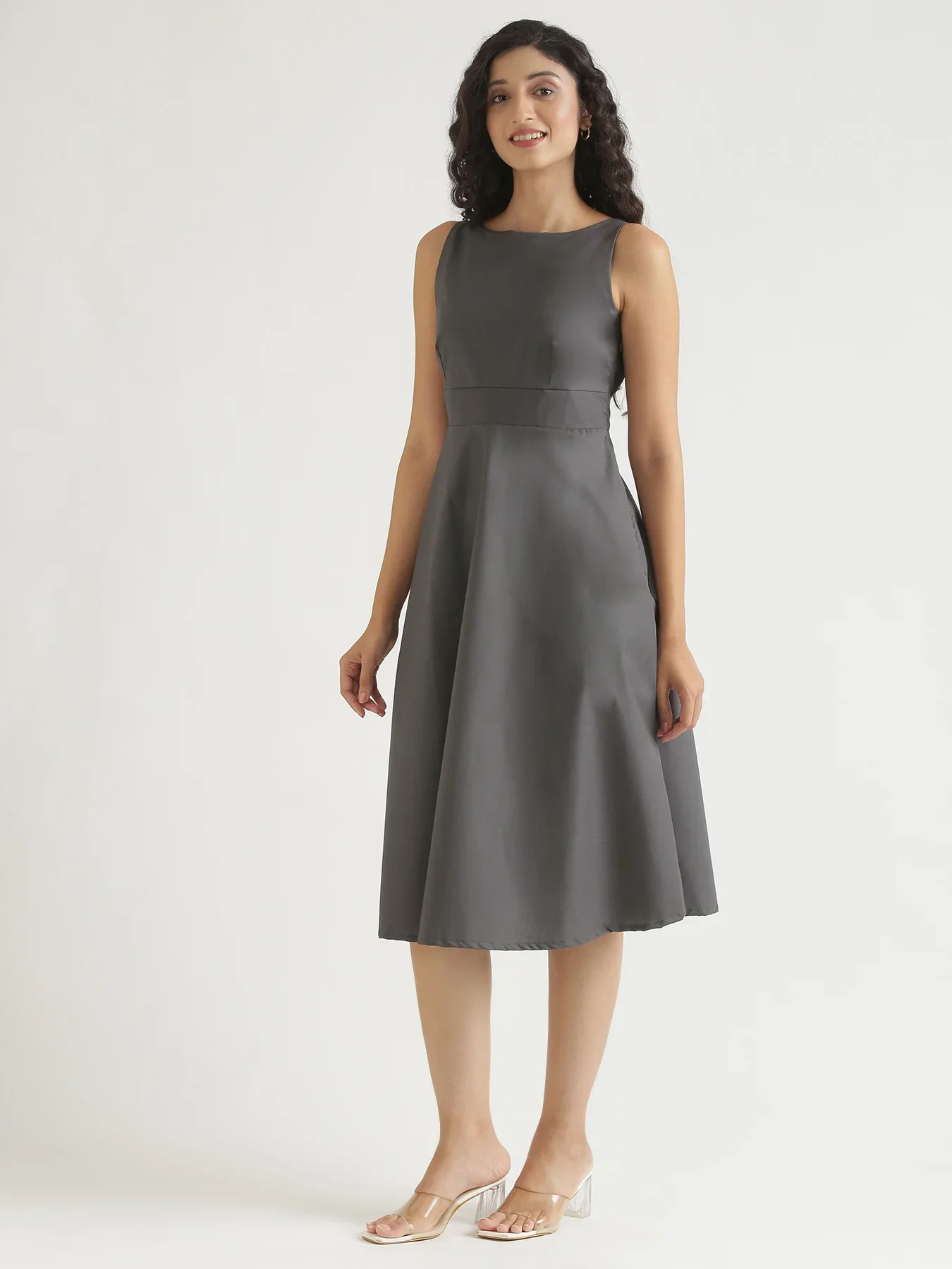 Women Dark Grey Better Cotton  Flared Dress - Image 3