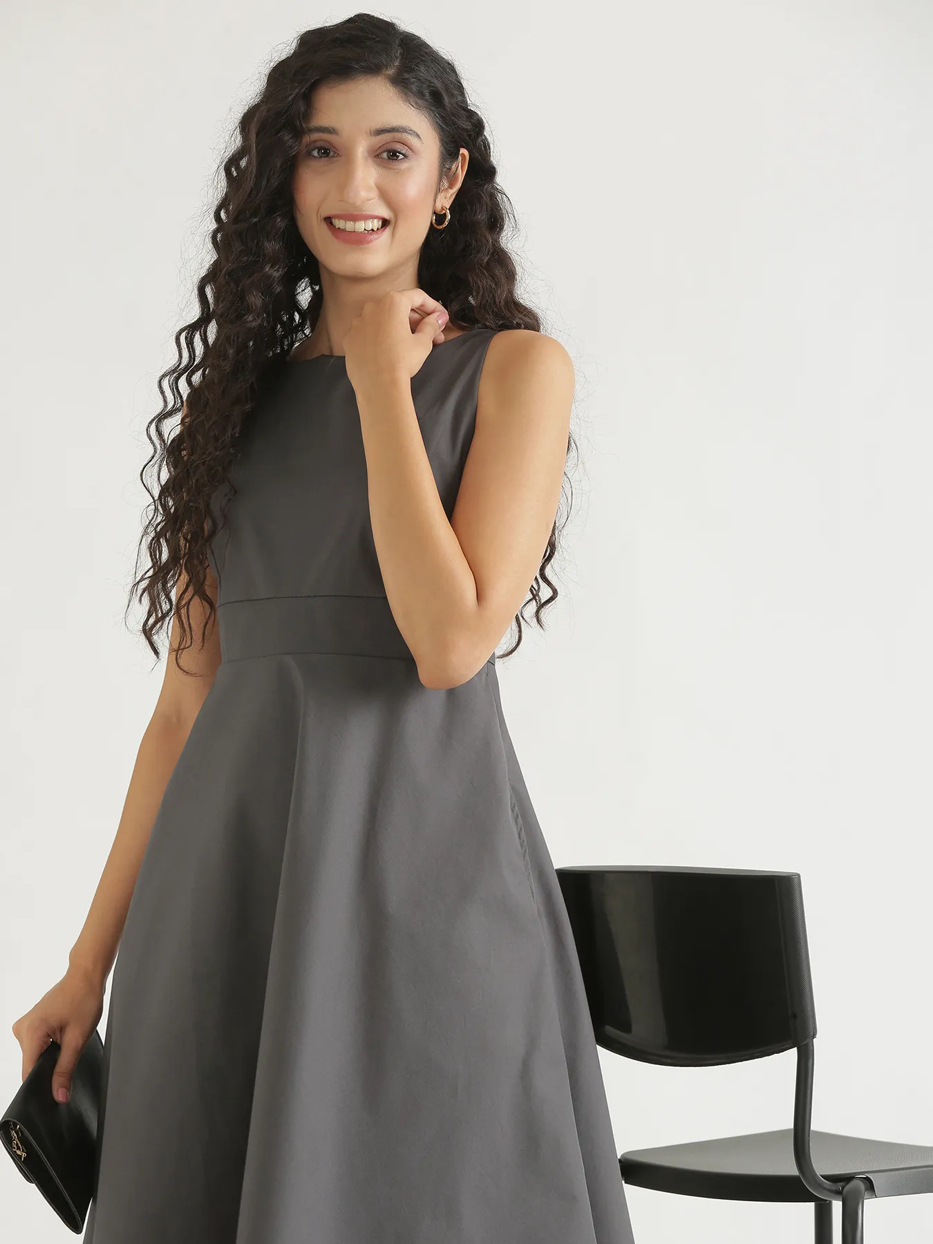 Women Dark Grey Better Cotton  Flared Dress - Image 5