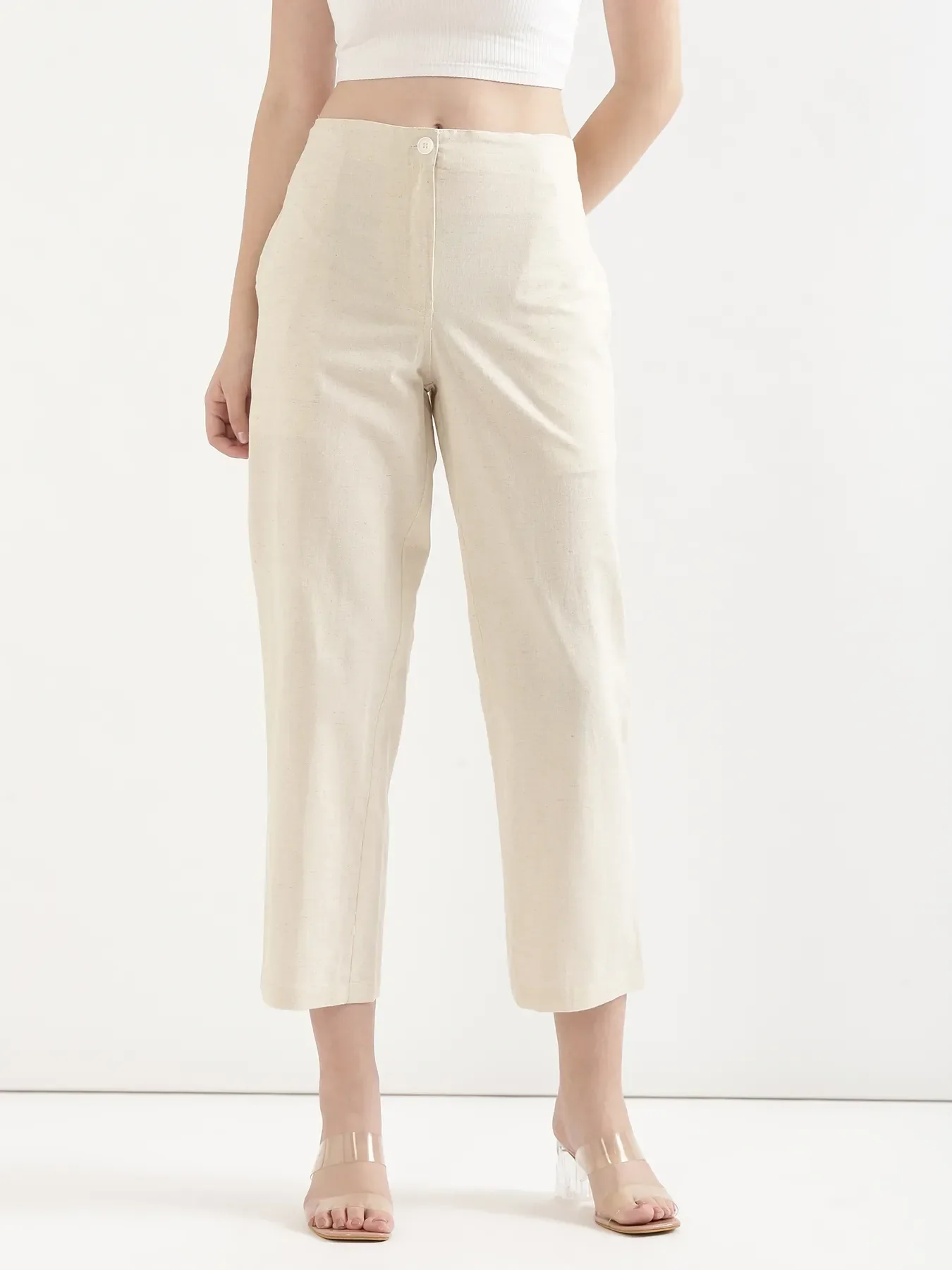 Women Dark Grey Better Cotton Sleeveless Shirt & Ecru Airy Linen Straight Pant - Image 7