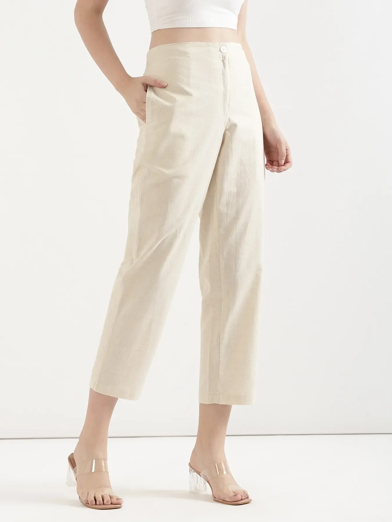Women Dark Grey Better Cotton Sleeveless Shirt & Ecru Airy Linen Straight Pant - Image 9