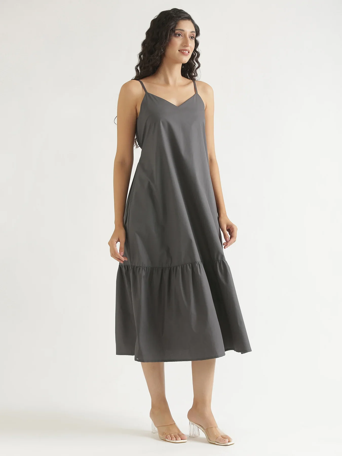 Women Dark Grey Better Cotton Tier Dress - Image 11