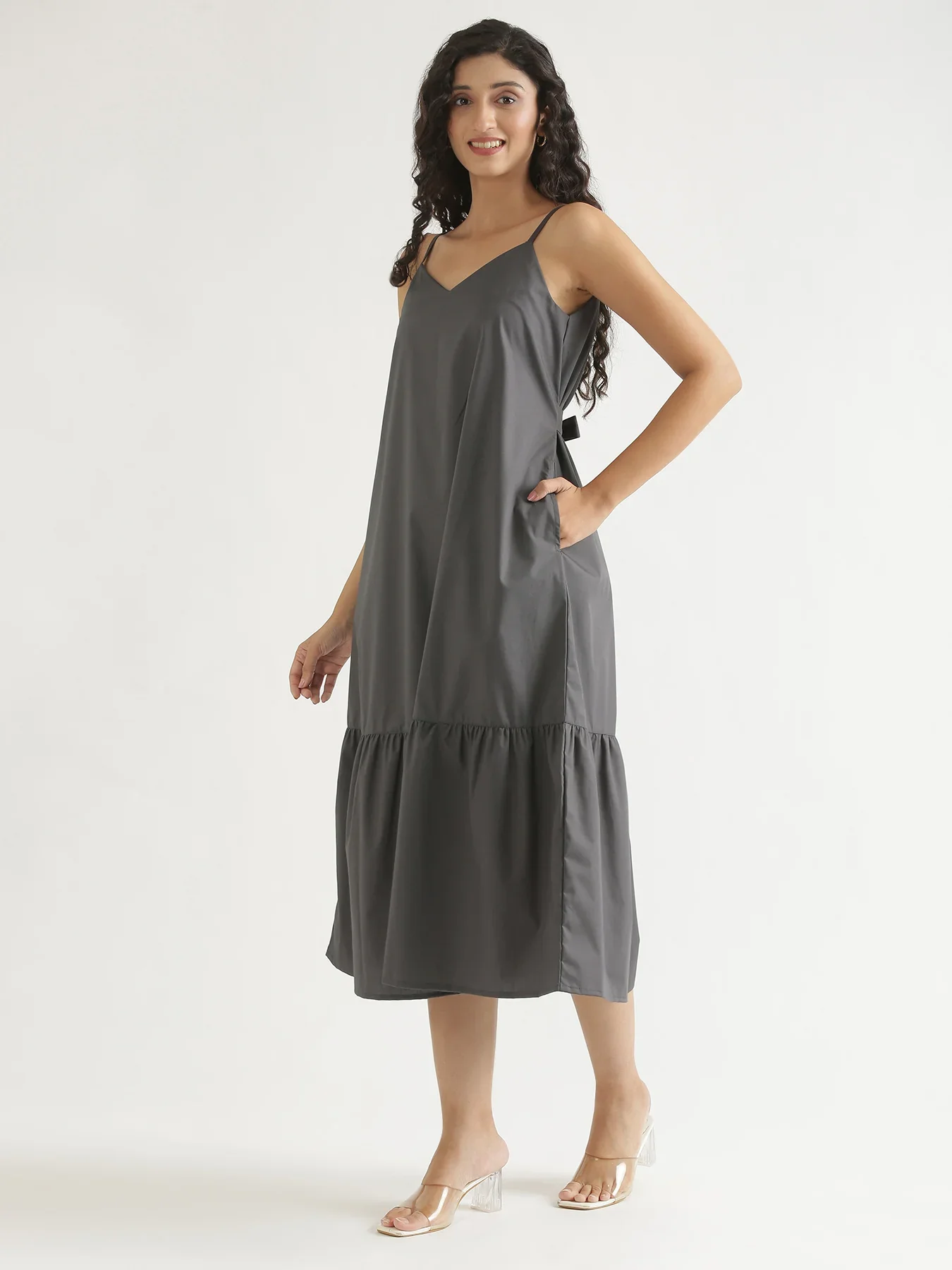 Women Dark Grey Better Cotton Tier Dress - Image 12