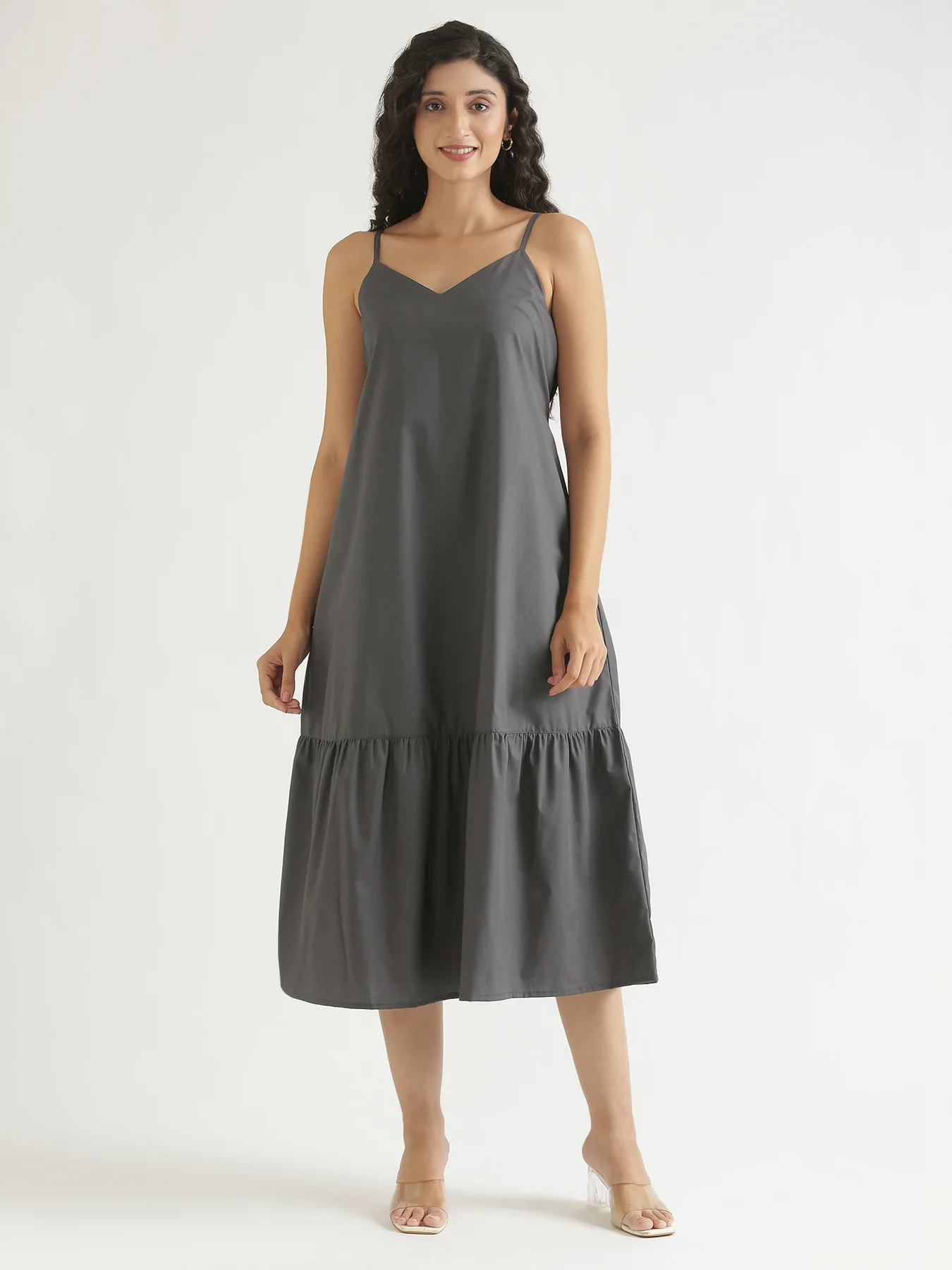 Women Dark Grey Better Cotton Tier Dress - Image 3