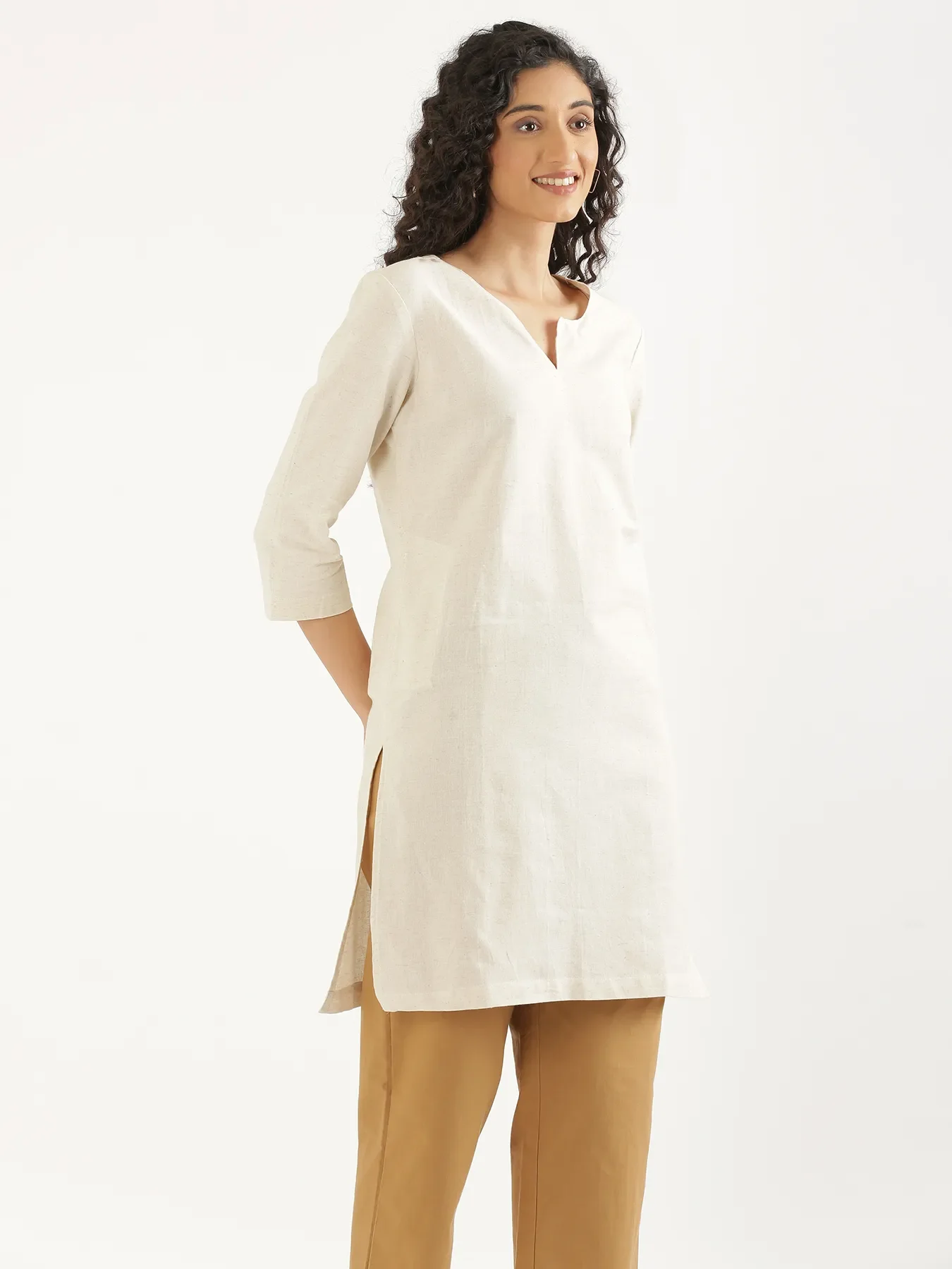 Women Ecru Airy Linen Mid Thigh Length Kurta - Image 3