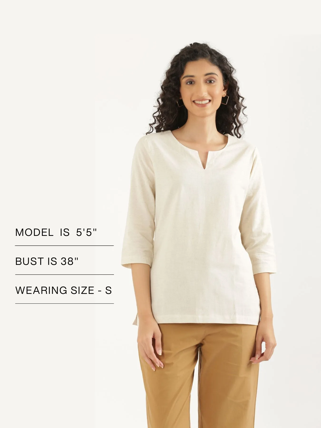 Women Ecru Airy Linen Split Neck Short Kurta - Image 15