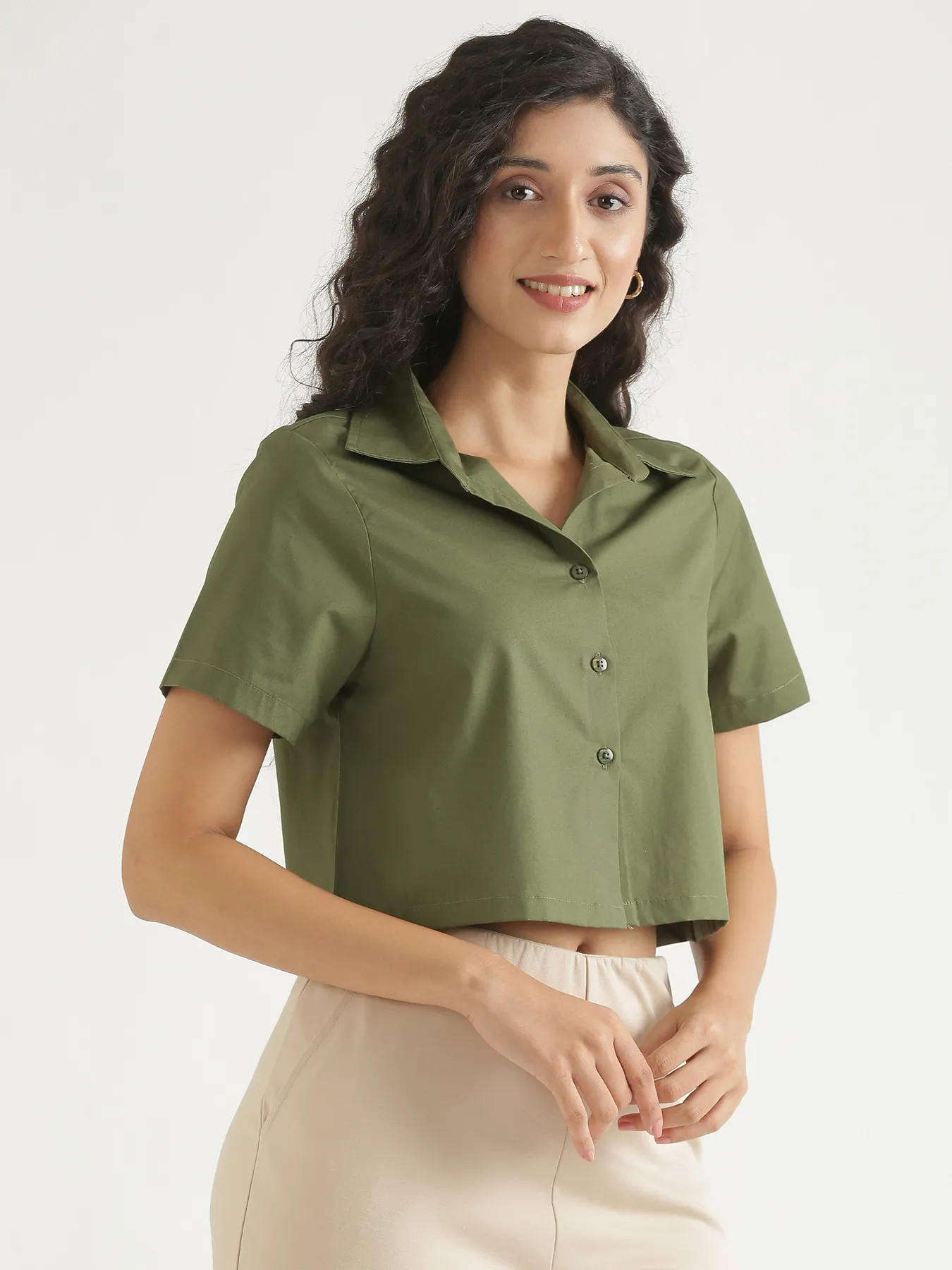 Women Forest Green Better Cotton Crop Shirt - Image 11