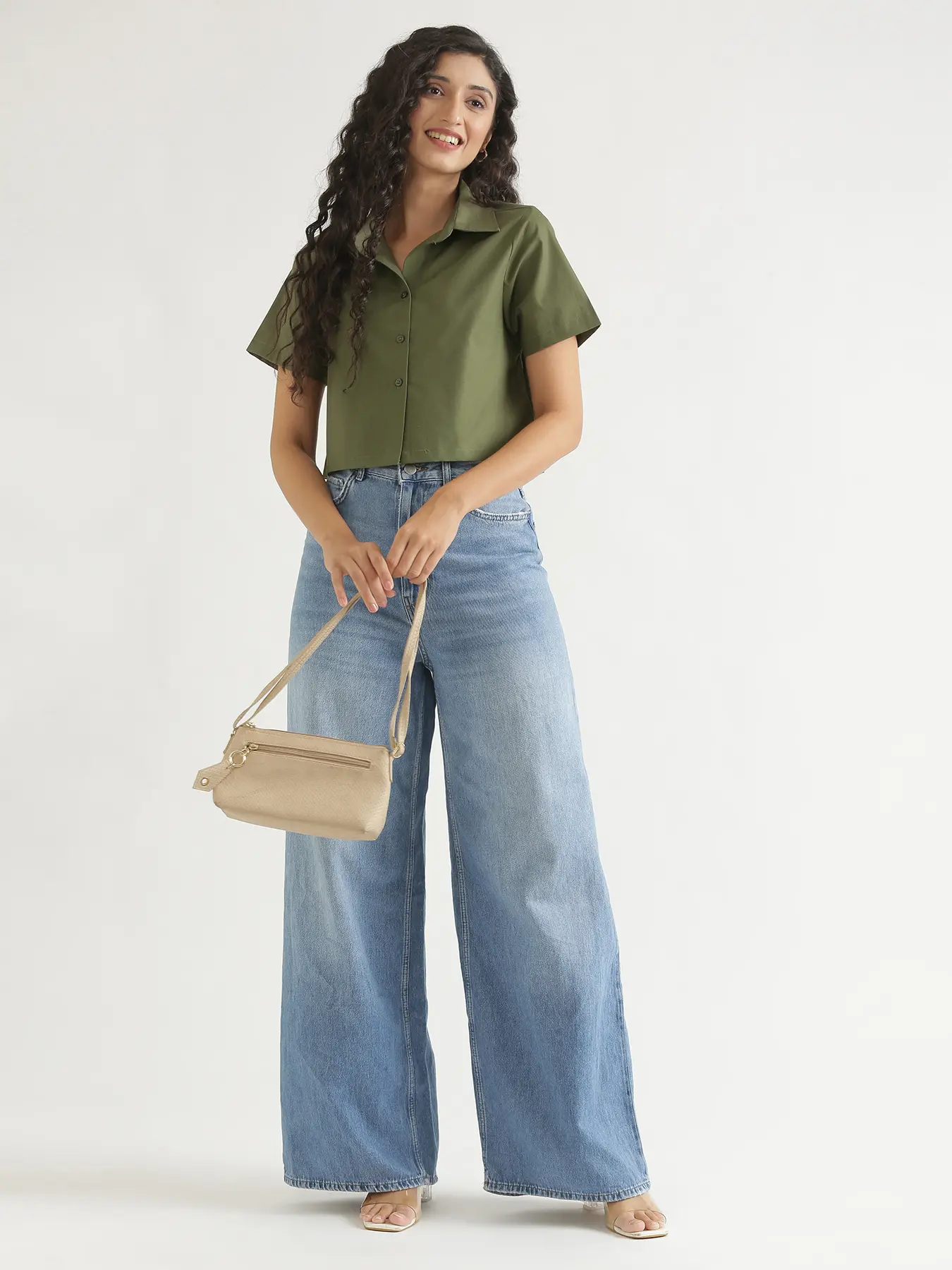 Women Forest Green Better Cotton Crop Shirt - Image 3