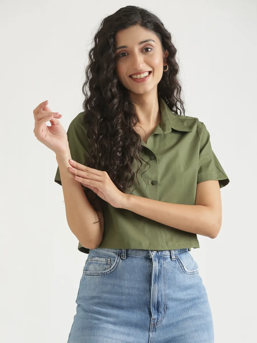 Women Forest Green Better Cotton Crop Shirt - Image 5
