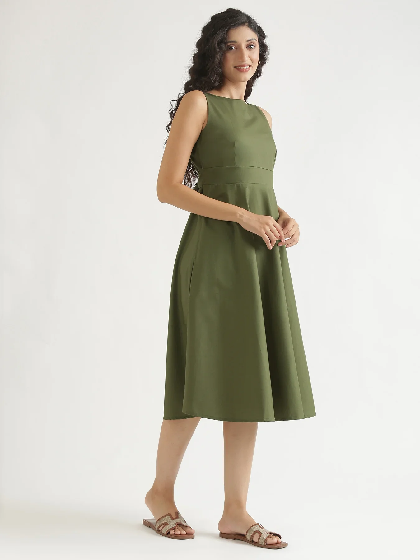 Women Forest Green Better Cotton Flared Dress - Image 11