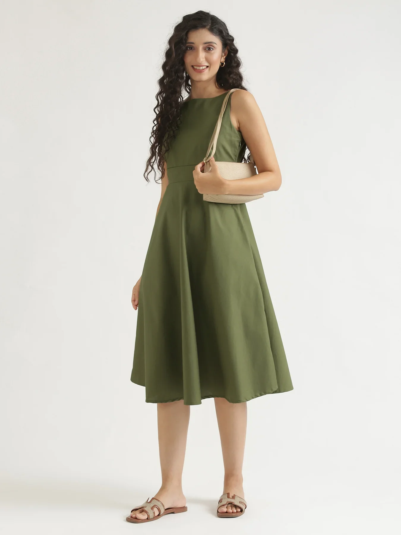 Women Forest Green Better Cotton Flared Dress - Image 12