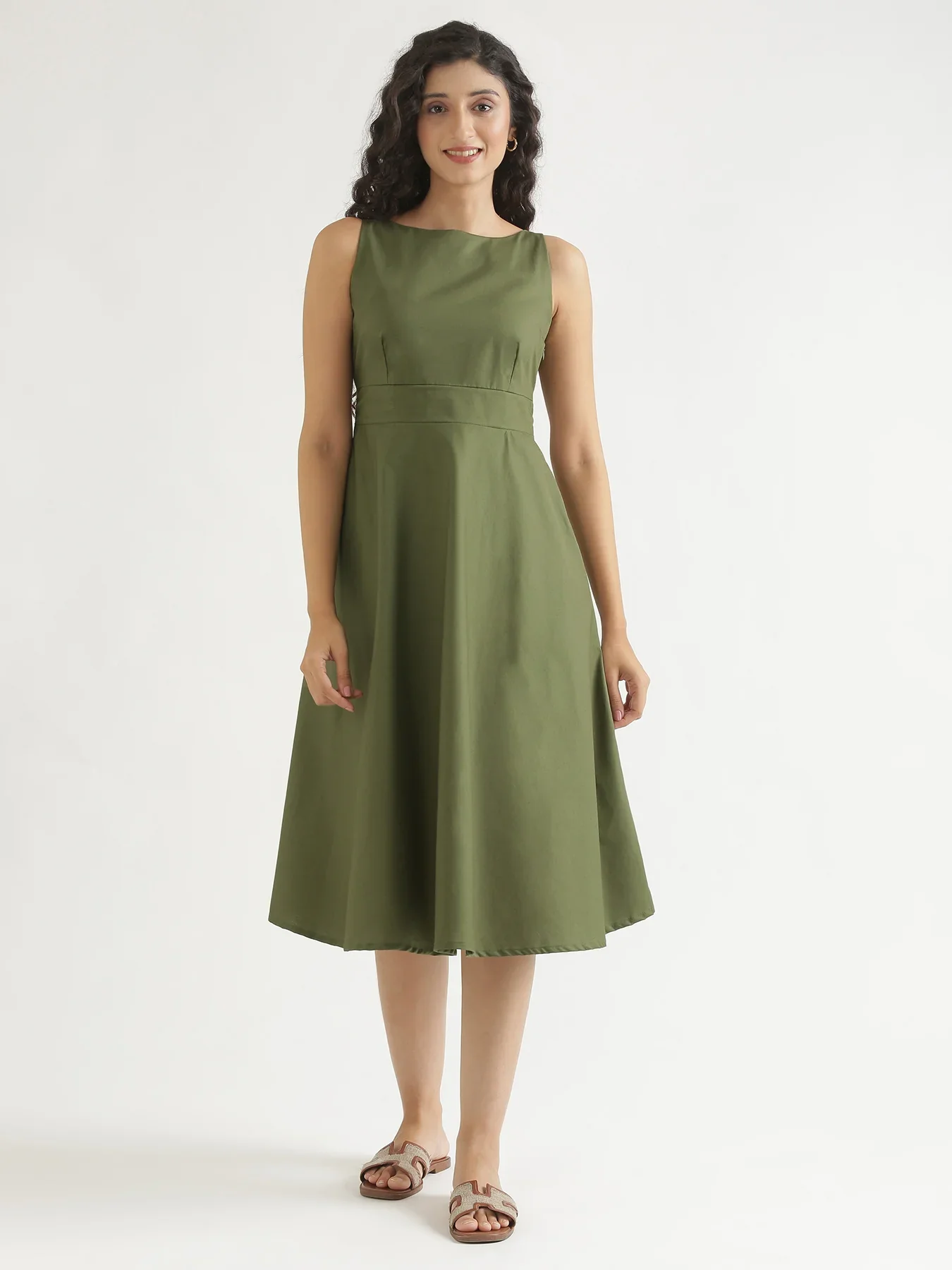 Women Forest Green Better Cotton Flared Dress - Image 3