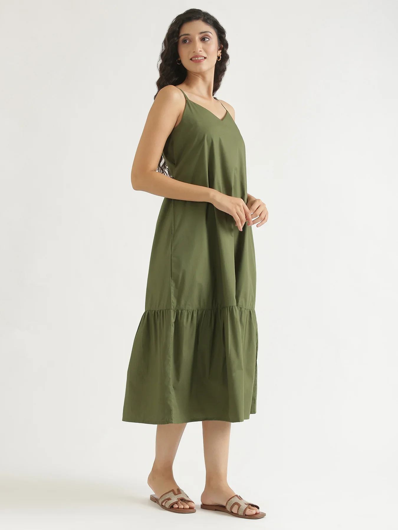 Women Forest Green Better Cotton Tier Dress - Image 11