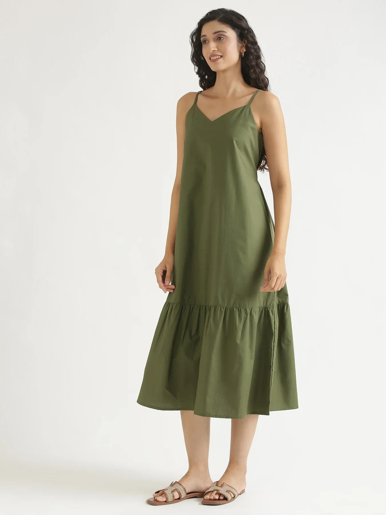 Women Forest Green Better Cotton Tier Dress - Image 12