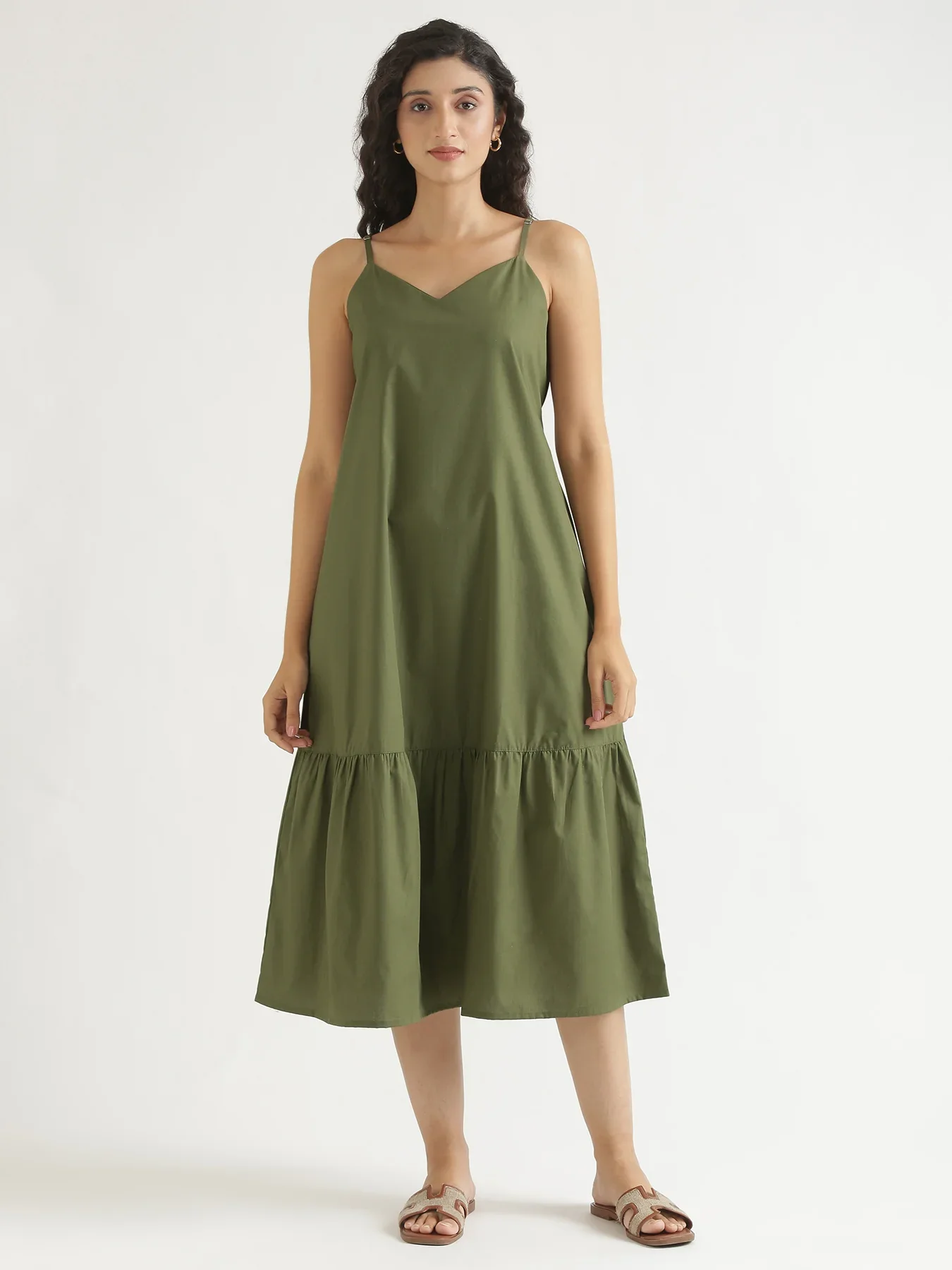 Women Forest Green Better Cotton Tier Dress - Image 3