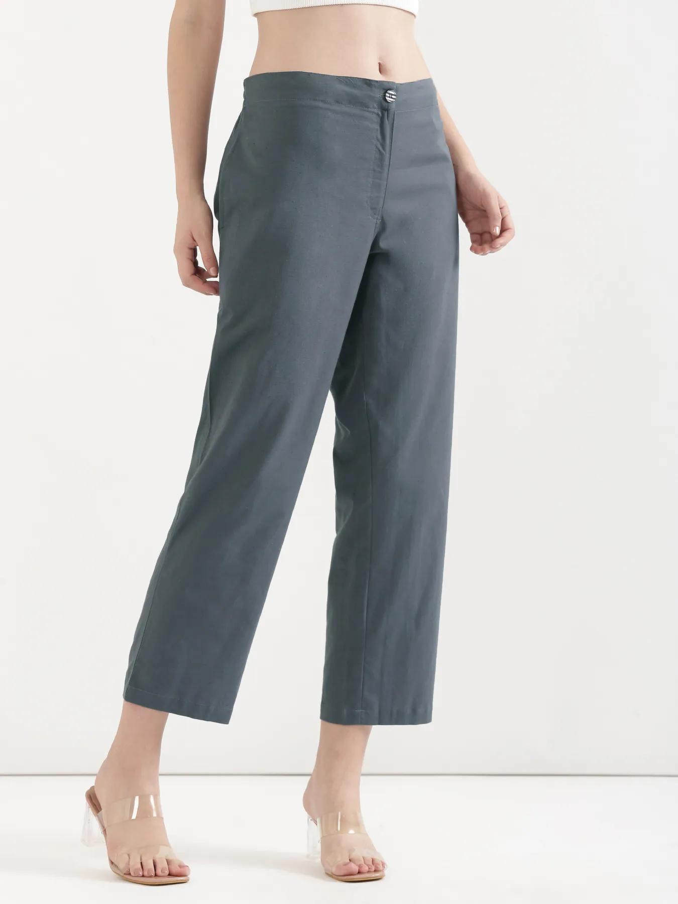Women German Grey Airy Linen Straight Pants - Image 4