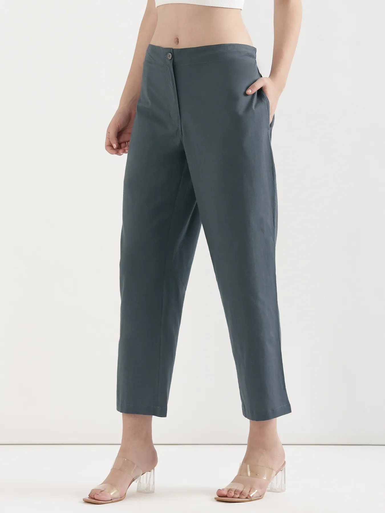 Women German Grey Airy Linen Straight Pants - Image 5