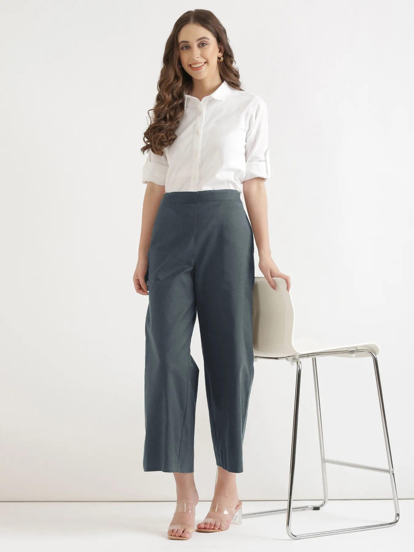 Women German Grey Airy Linen Wide Leg Pant - Image 11