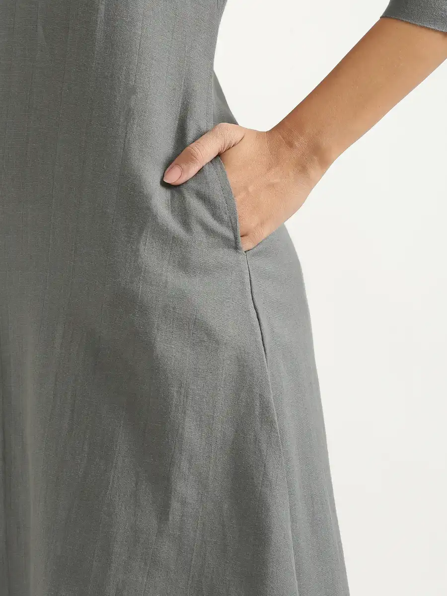 Women German Grey Flowy Linen A-Line Long Kurta - Image 10
