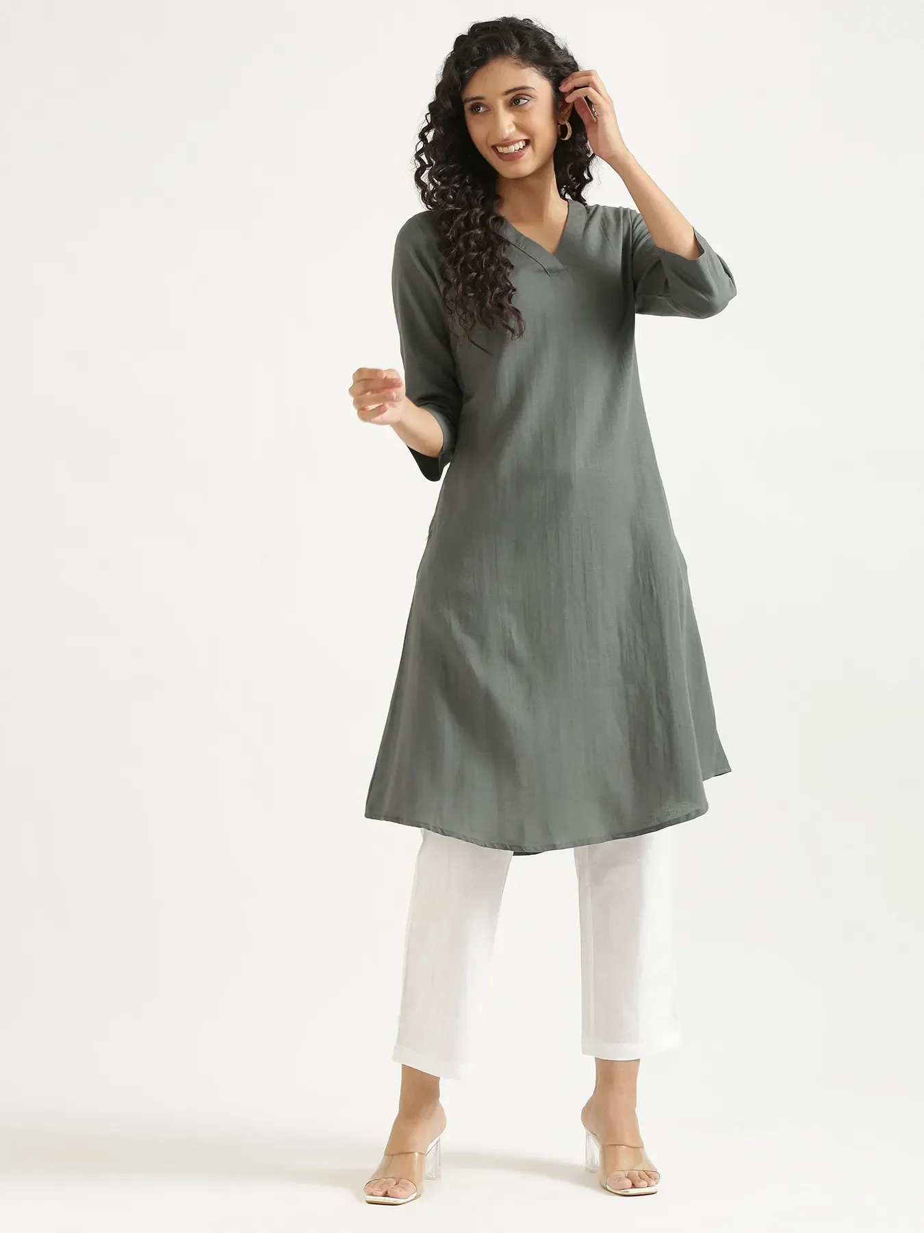 Women German Grey Flowy Linen A-Line Long Kurta - Image 11