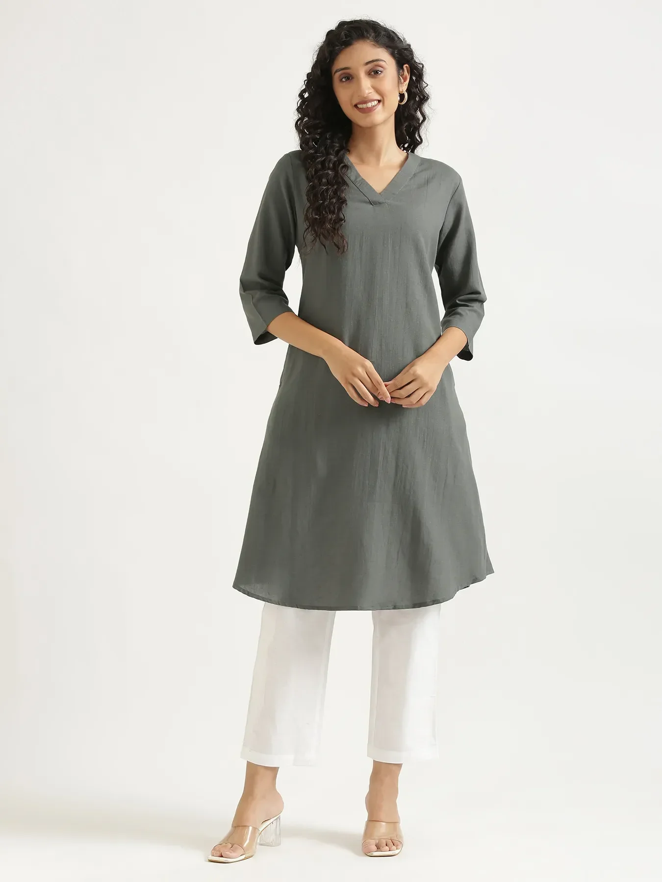 Women German Grey Flowy Linen A-Line Long Kurta - Image 12