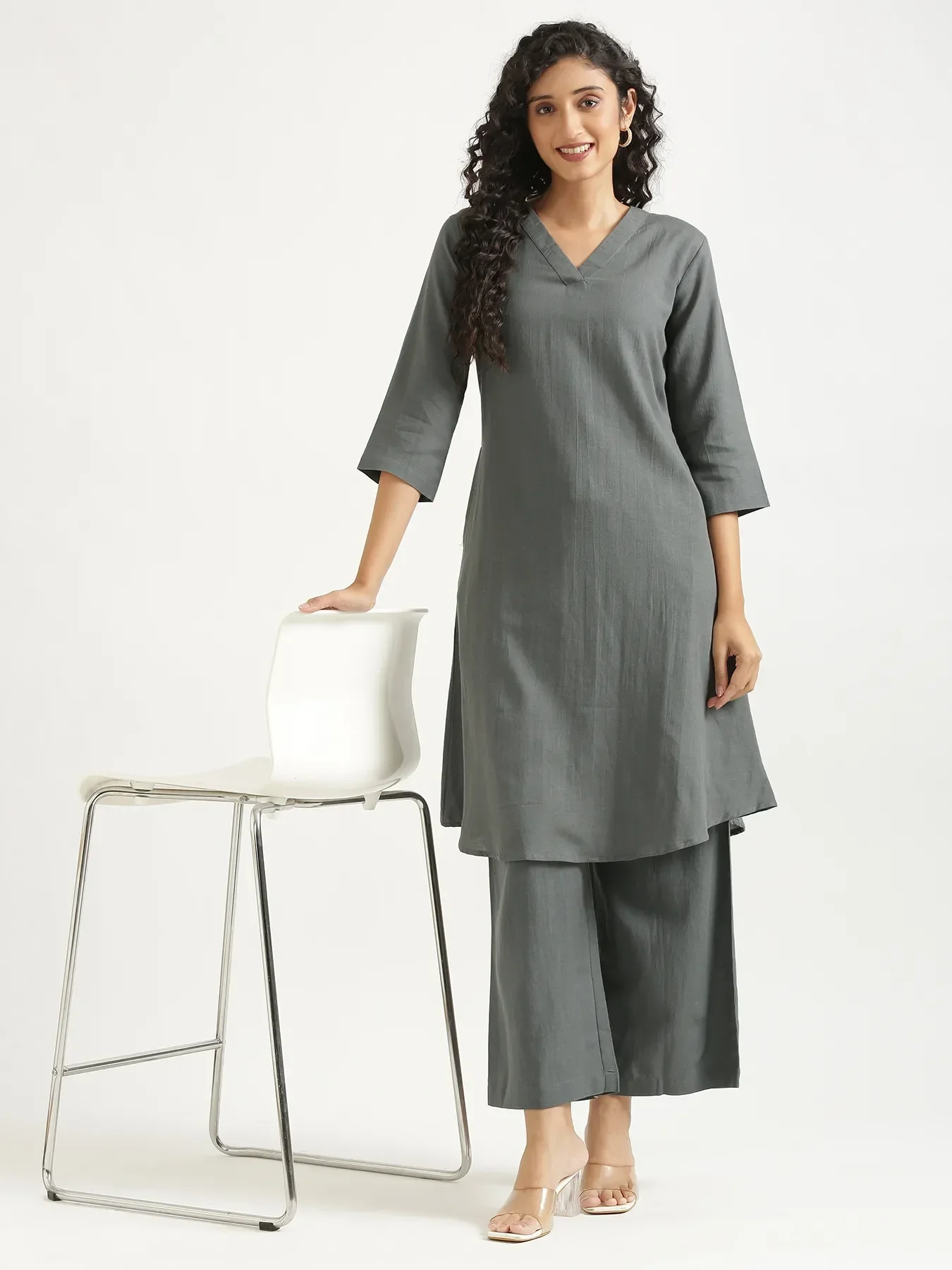 Women German Grey Flowy Linen A-Line Long Kurta - Image 13