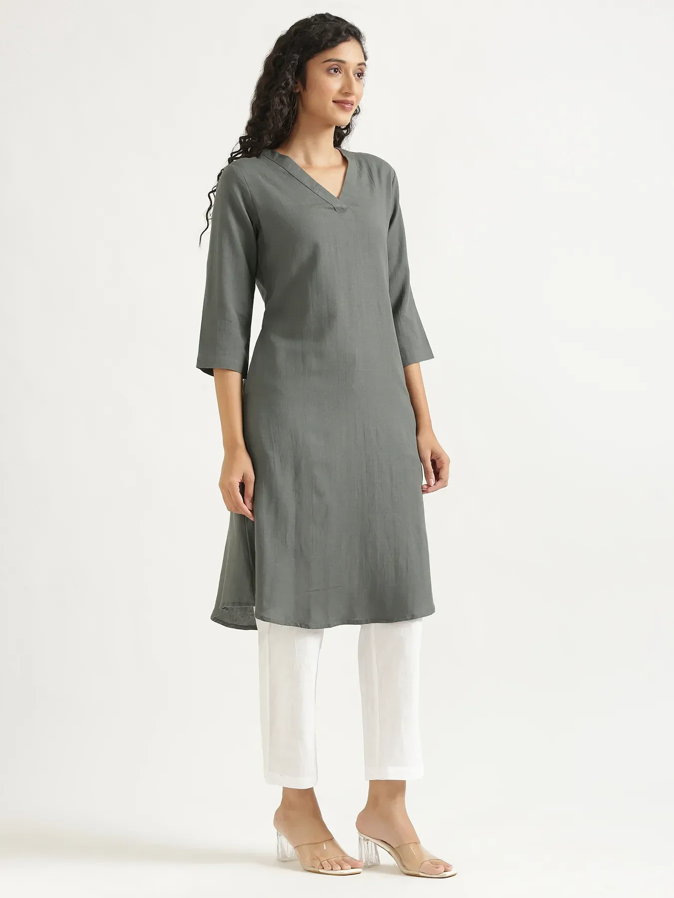 Women German Grey Flowy Linen A-Line Long Kurta - Image 6
