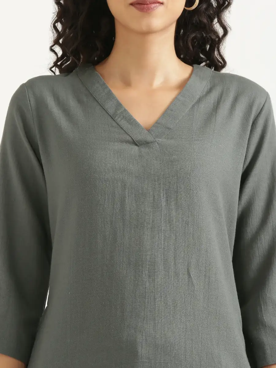 Women German Grey Flowy Linen A-Line Long Kurta - Image 9
