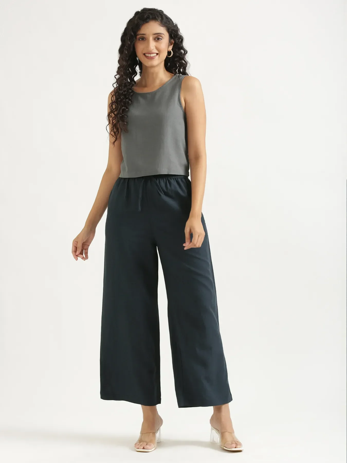 Women German Grey Flowy Linen Crop Top - Image 11