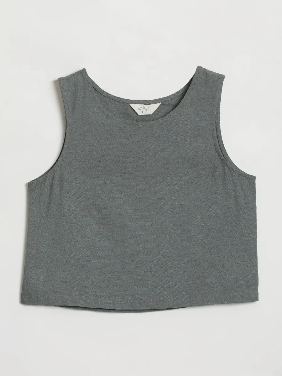 Women German Grey Flowy Linen Crop Top - Image 12