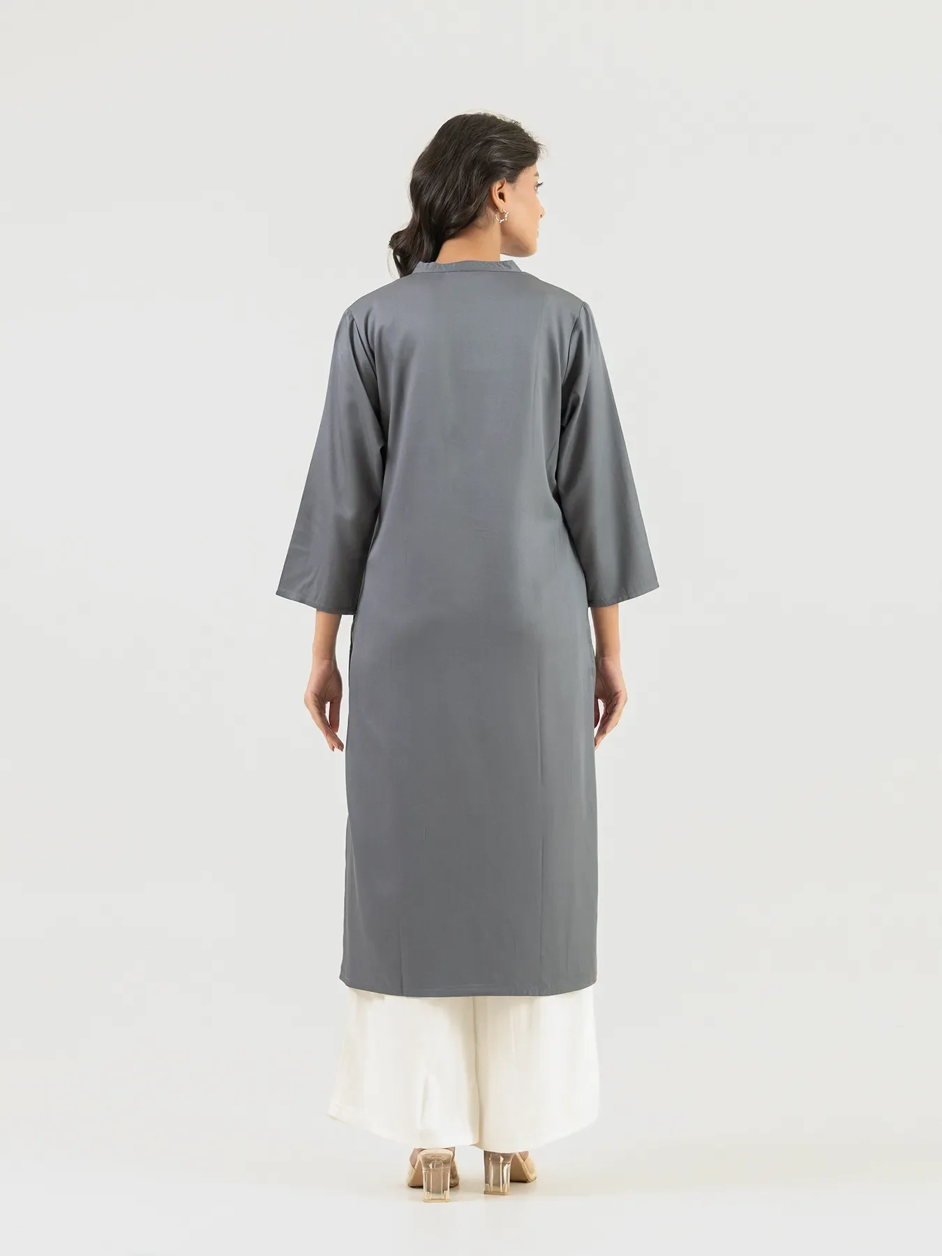 Women Grey Flowy Straight Long Kurta - Image 8
