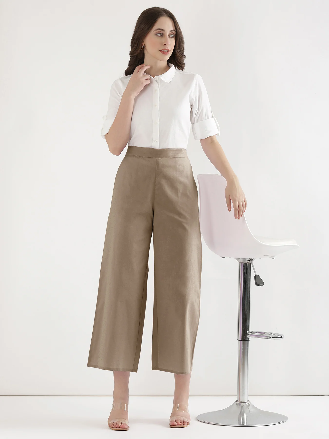 Women Khakhi Airy Linen Wide Leg Pant - Image 12