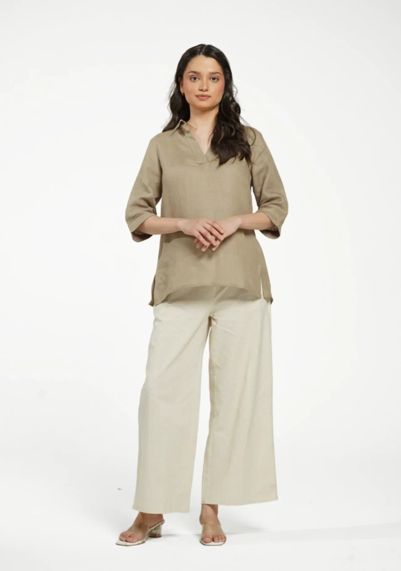 Women Khakhi Pure Linen Collared Shirt Top - Image 10