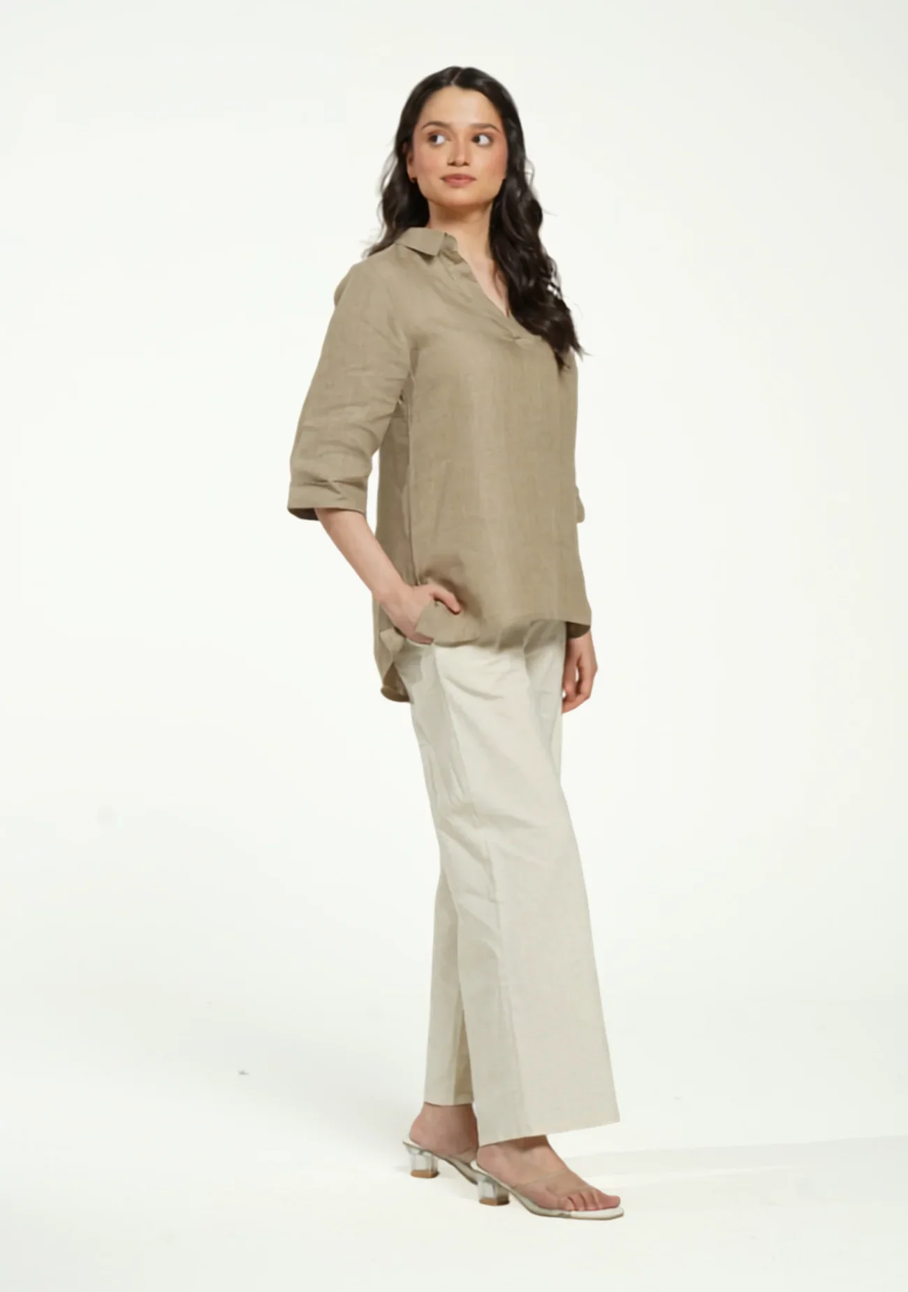 Women Khakhi Pure Linen Collared Shirt Top - Image 11