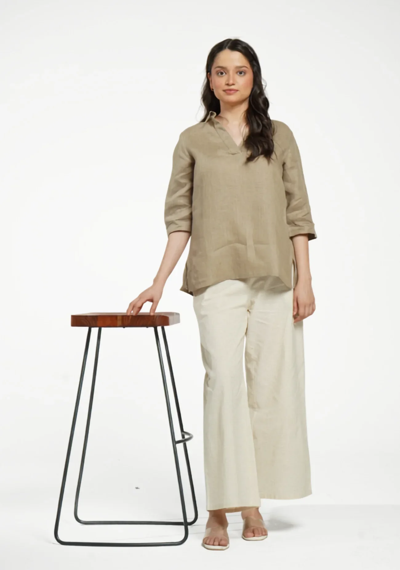 Women Khakhi Pure Linen Collared Shirt Top - Image 13