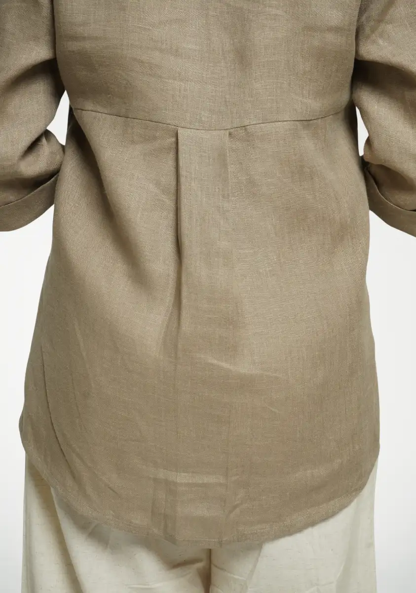 Women Khakhi Pure Linen Collared Shirt Top - Image 14