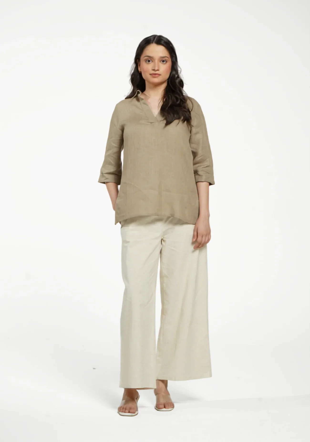 Women Khakhi Pure Linen Collared Shirt Top - Image 3