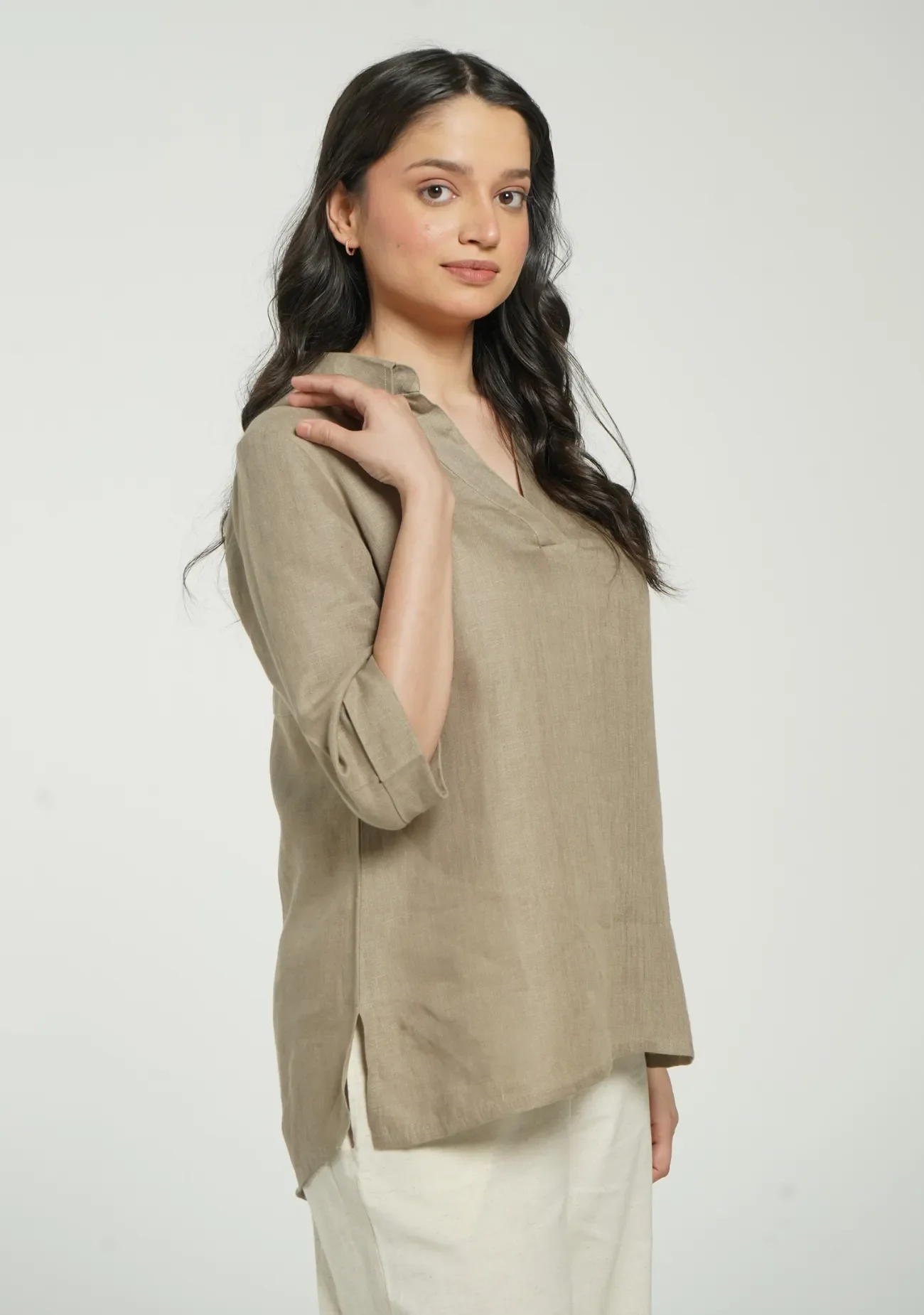 Women Khakhi Pure Linen Collared Shirt Top - Image 4