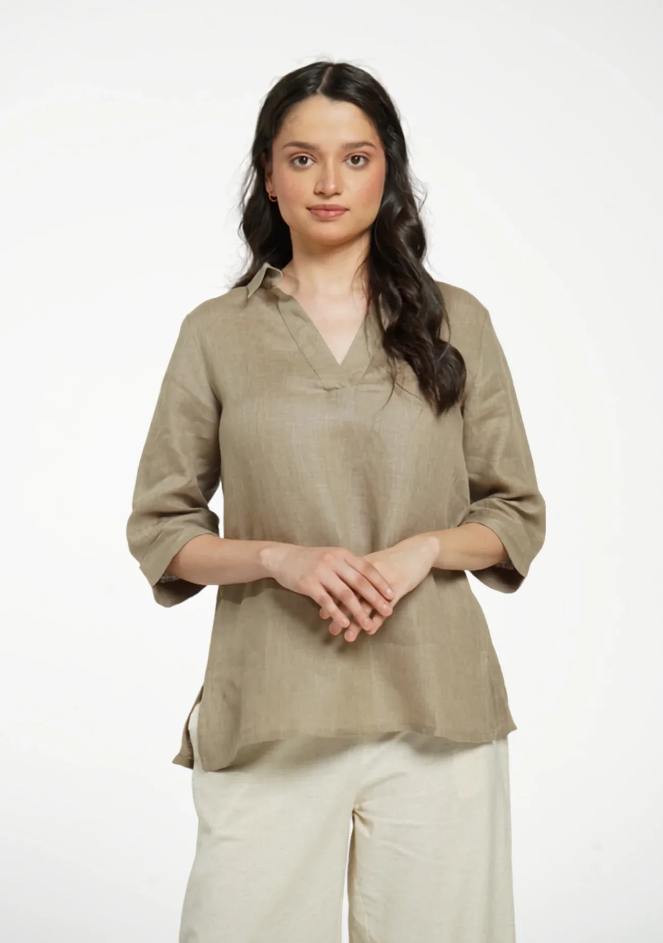 Women Khakhi Pure Linen Collared Shirt Top - Image 6