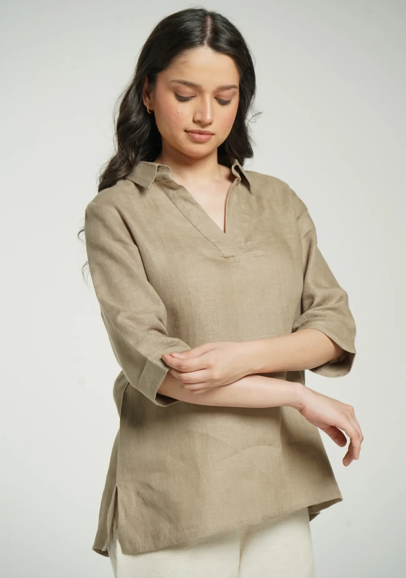 Women Khakhi Pure Linen Collared Shirt Top - Image 8