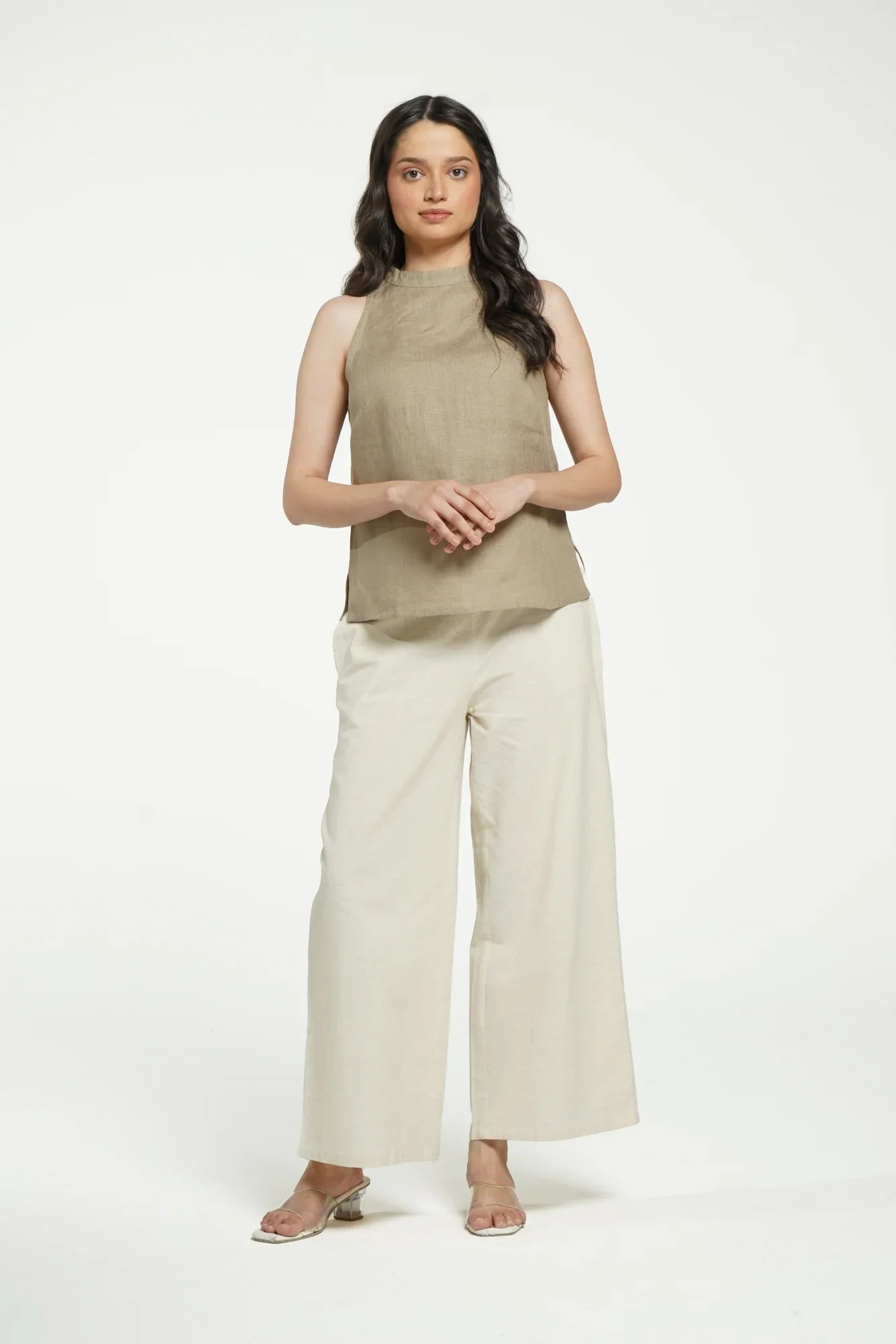 Women Khakhi Pure Linen Halter Neck Top - Image 3