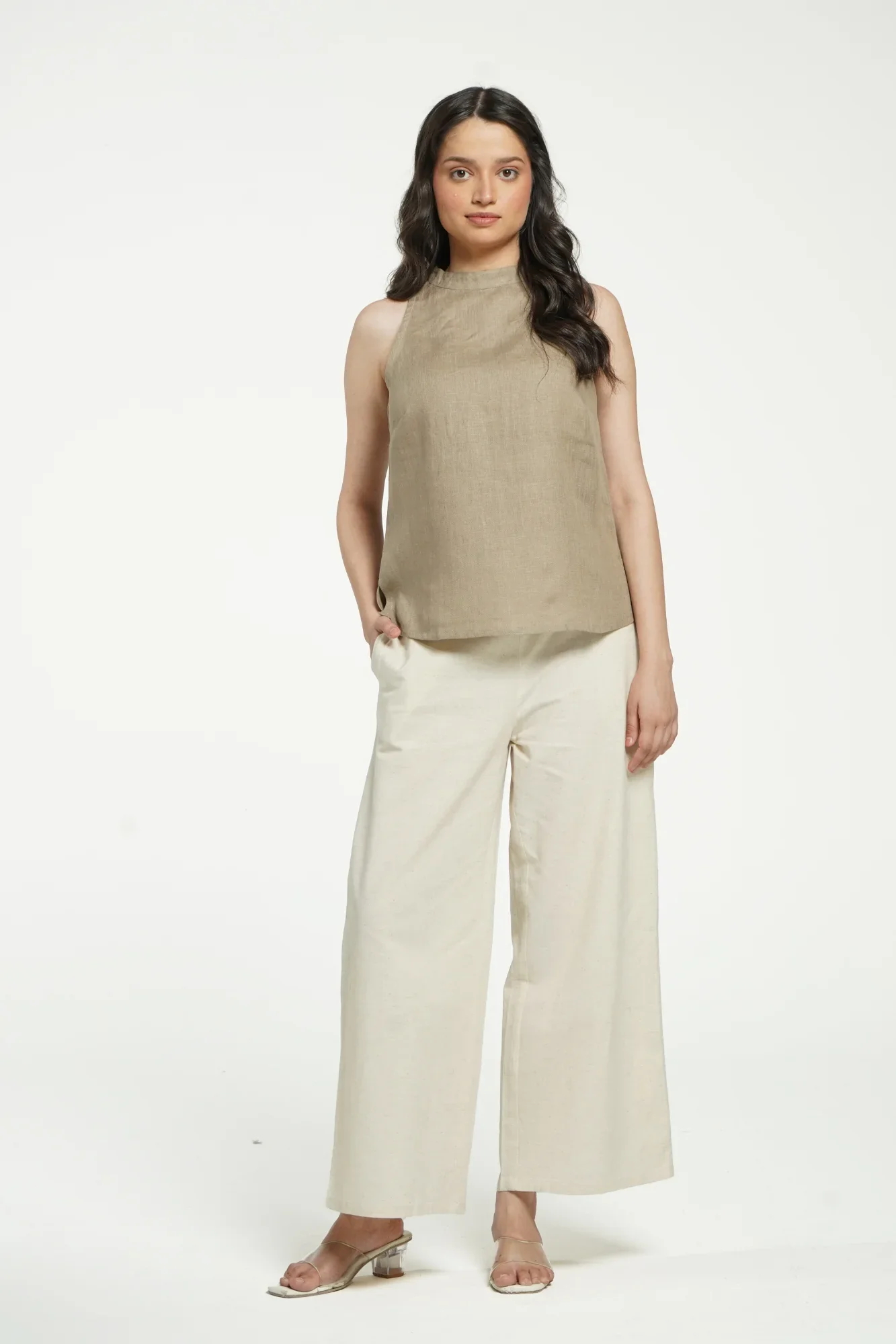 Women Khakhi Pure Linen Halter Neck Top - Image 8