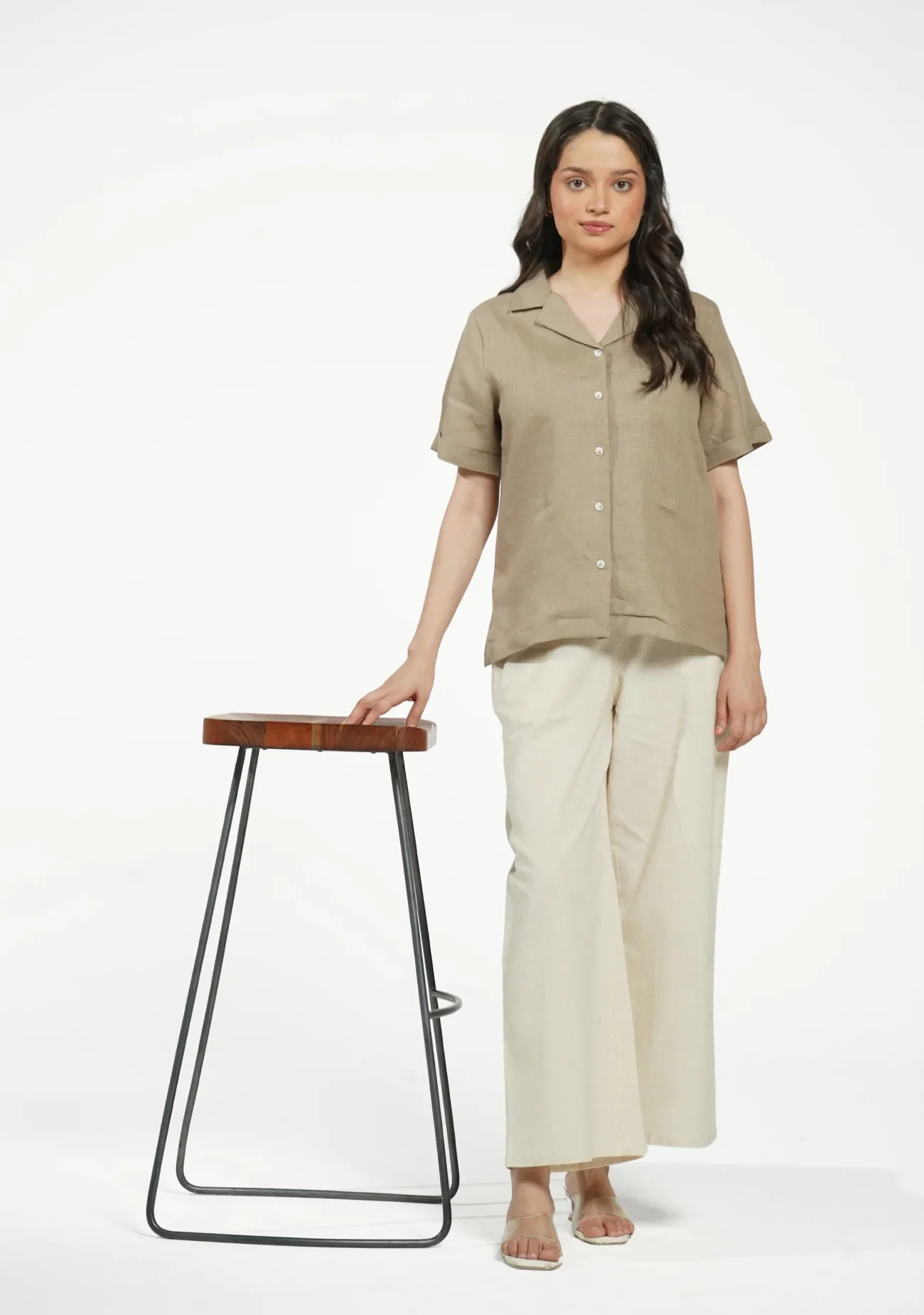 Women Khakhi Pure Linen Notch Collar Shirt - Image 10