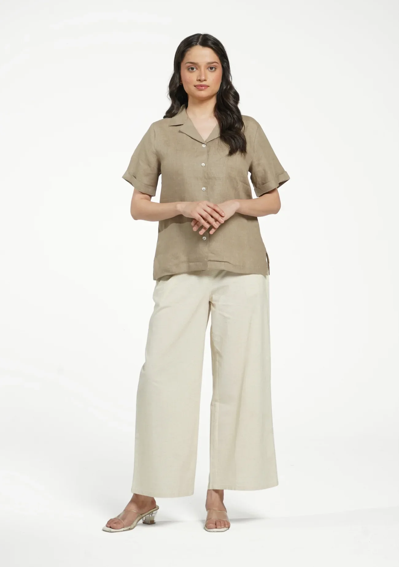 Women Khakhi Pure Linen Notch Collar Shirt - Image 3
