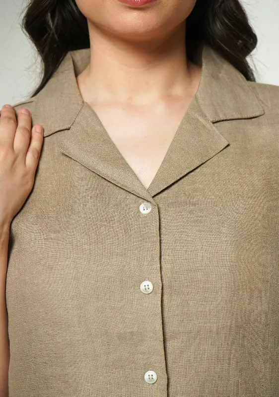 Women Khakhi Pure Linen Notch Collar Shirt - Image 4