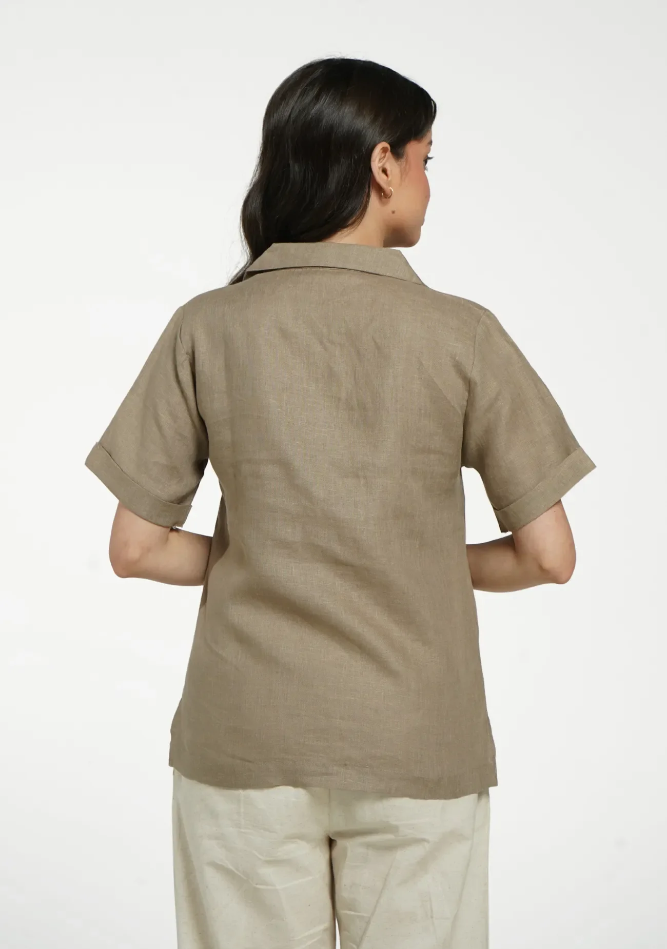 Women Khakhi Pure Linen Notch Collar Shirt - Image 6