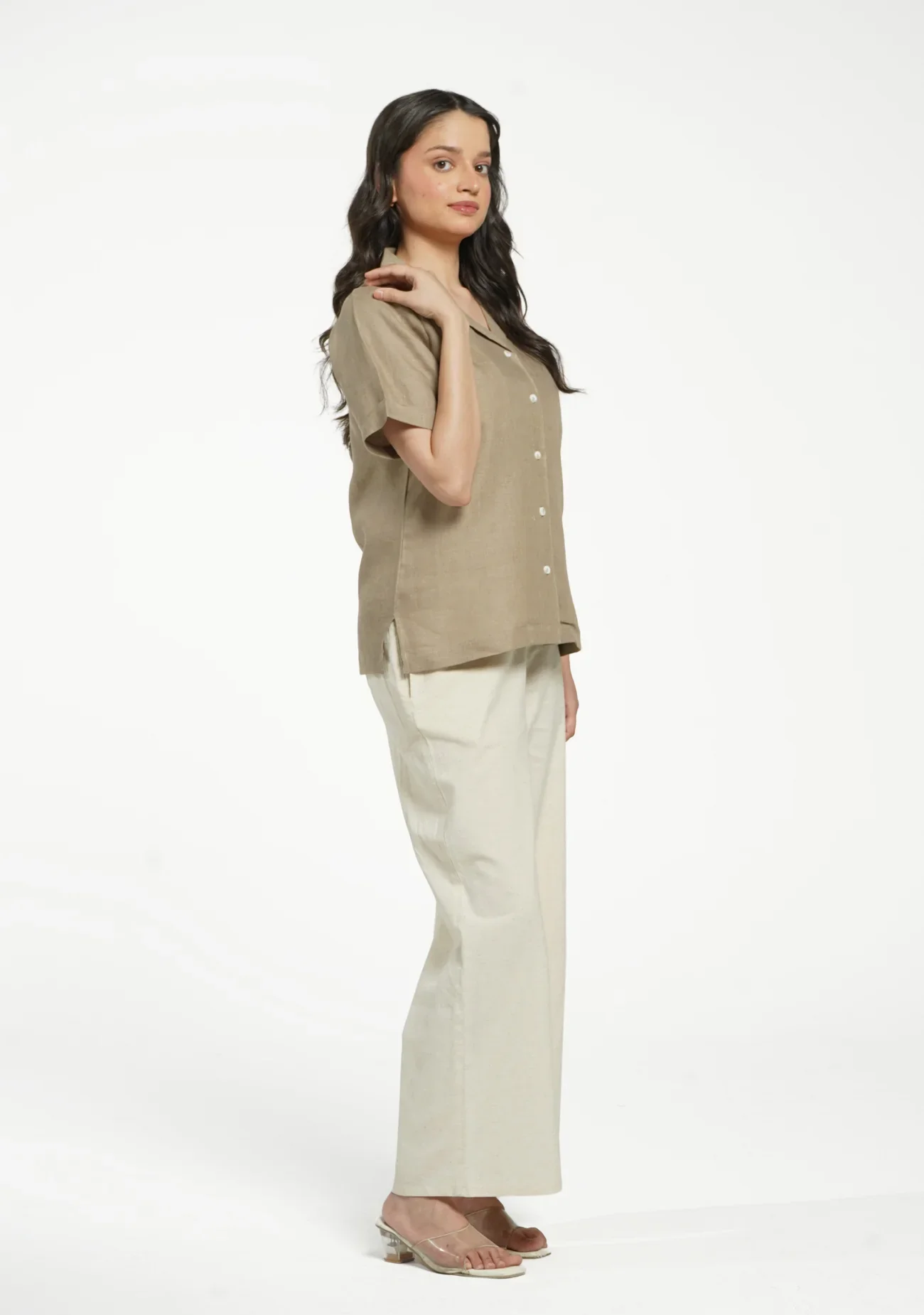 Women Khakhi Pure Linen Notch Collar Shirt - Image 7